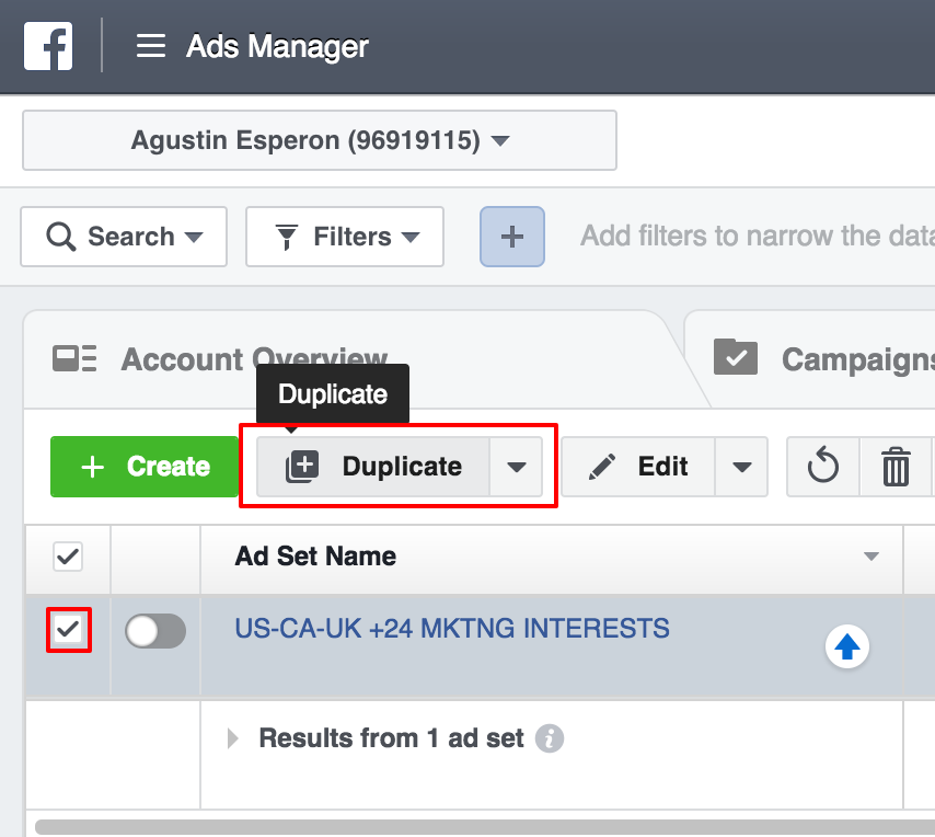 Click your ad checkbox and press duplicate.