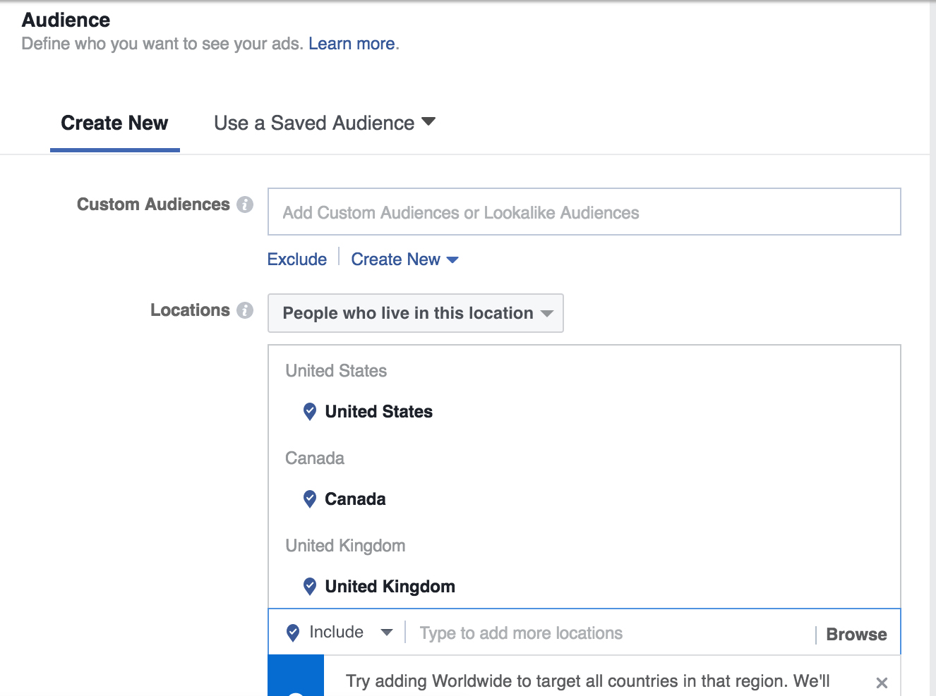 Keep scrolling down and fill in the detailed targeting section by typing keywords you know your potential audience is looking for. Again, Facebook will give useful suggestions to make this work even easier. 