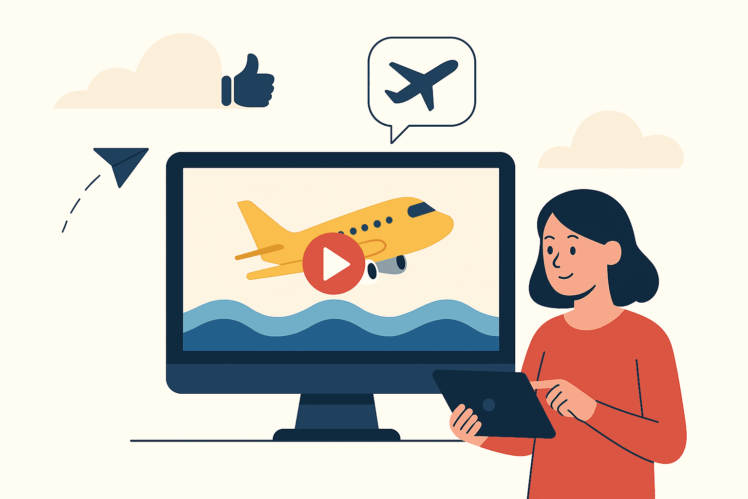 chat 10 Flat digital illustration of a woman watching a promotional airplane video on a monitor, representing airline video automation
