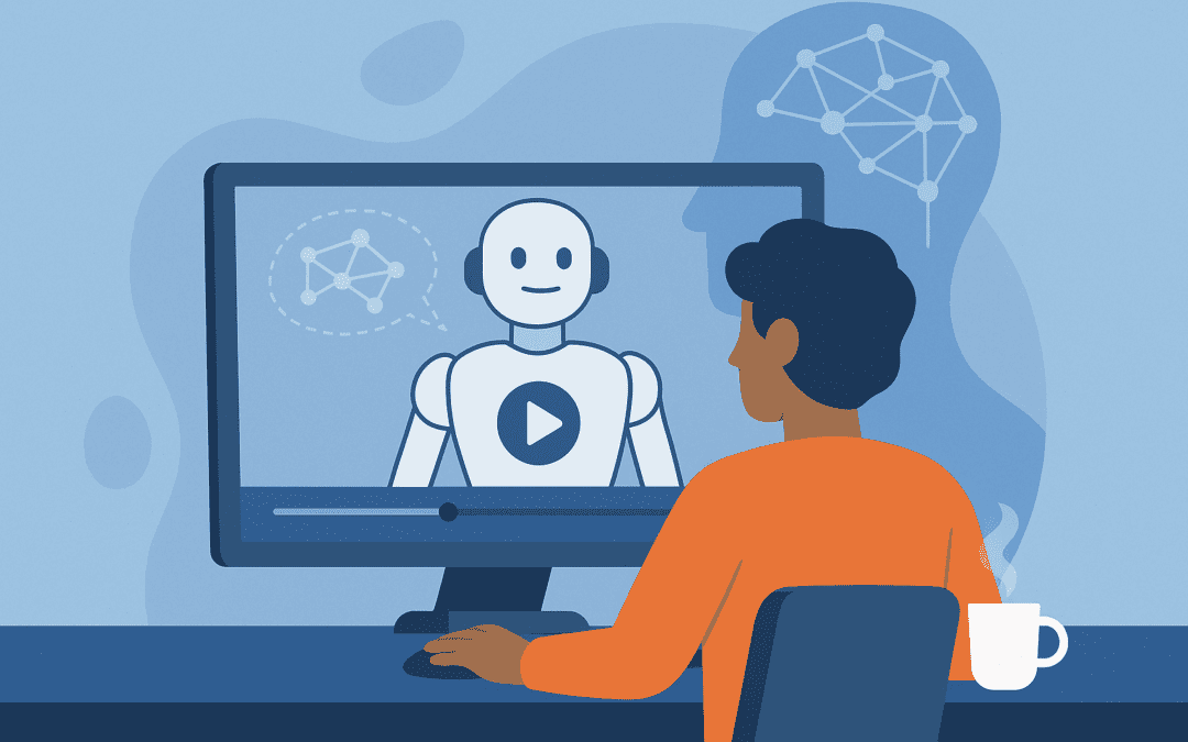 A flat-style digital illustration of a person using futuristic technology to generate video content through AI, symbolizing the future of content creation.