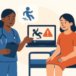 Flat-style digital illustration of a nurse educating a patient about fall prevention using an automated safety video on a laptop.
