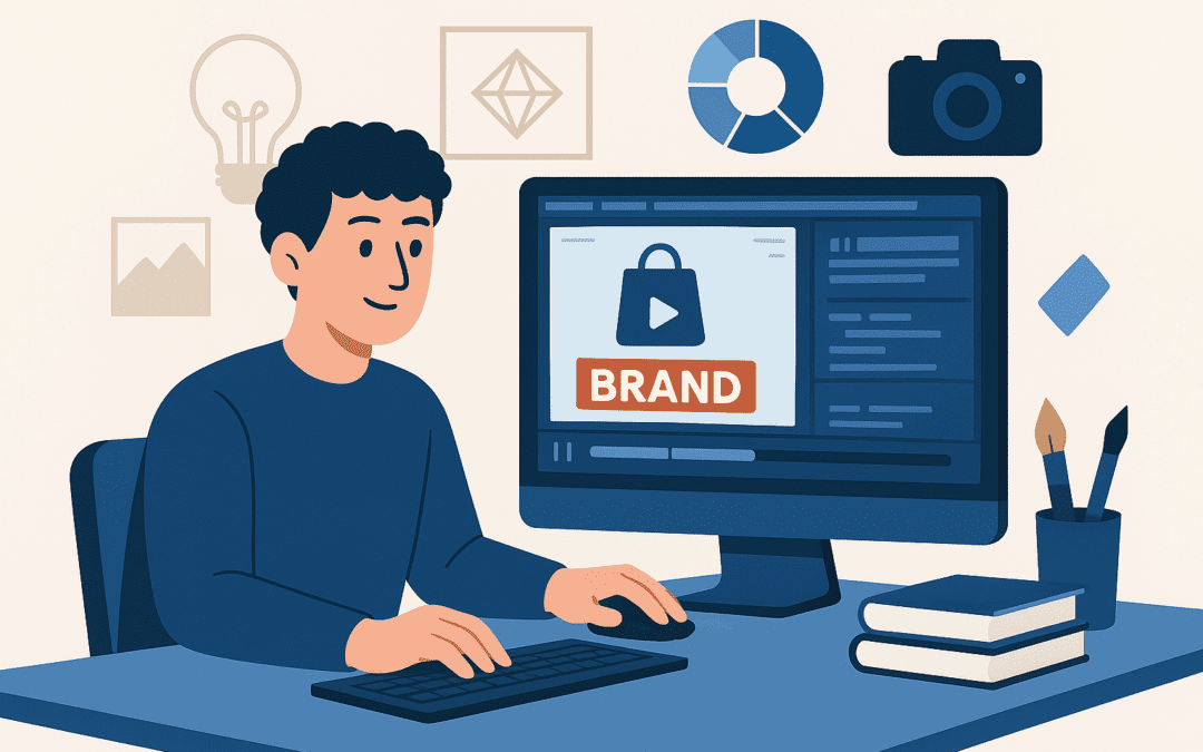 lat-style illustration of a young man designing branded video content at his desk, surrounded by brand identity symbols like a color palette, camera, and logo