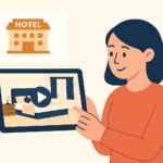 Flat-style digital illustration of a woman holding a tablet showing a virtual hotel room tour with a hotel icon in a speech bubble above.