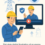 Flat-style digital illustration of an energy sector worker viewing a safety compliance video on a monitor, holding a smartphone, with a transmission tower and icons in the background.