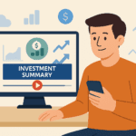 Flat-style digital illustration of a young man watching an investment summary video on a desktop monitor, holding a smartphone, with financial icons and charts in the background.