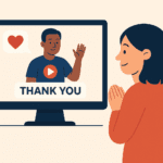 Flat-style digital illustration of a woman watching a thank-you video from a nonprofit on her monitor, featuring a smiling man waving with a play button and heart icon beside him.