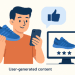 Flat-style digital illustration of a man creating user-generated content by filming himself holding a sneaker, with a smartphone in one hand and a computer screen showing the product and star ratings.