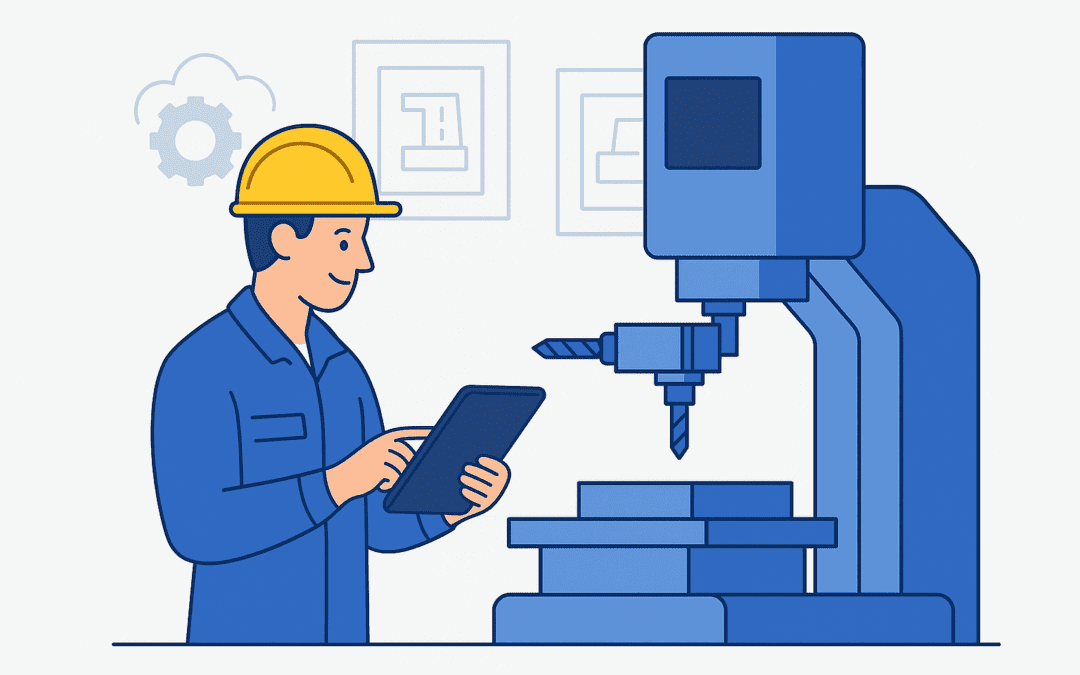 Industrial worker using tablet to control automated manufacturing machinery