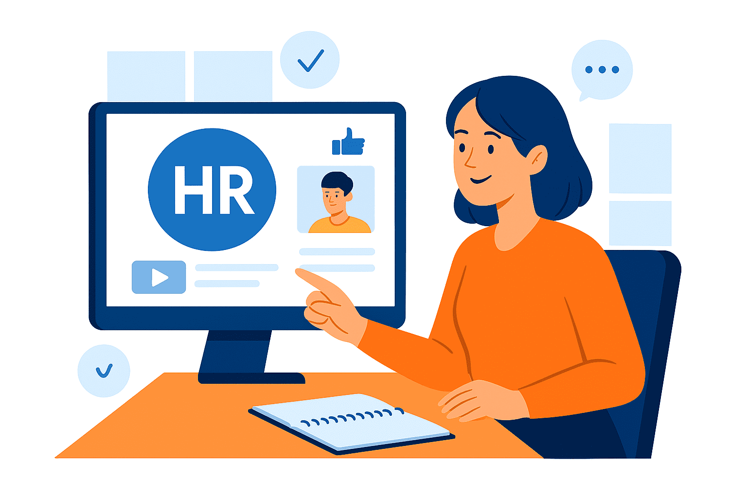 hr HR professional watching candidate video profile on computer- ideal for HR videos, onboarding videos, and employee training videos in HR content marketing strategies.