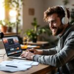 Man editing marketing video on laptop with camera setup – how to create marketing videos that connect