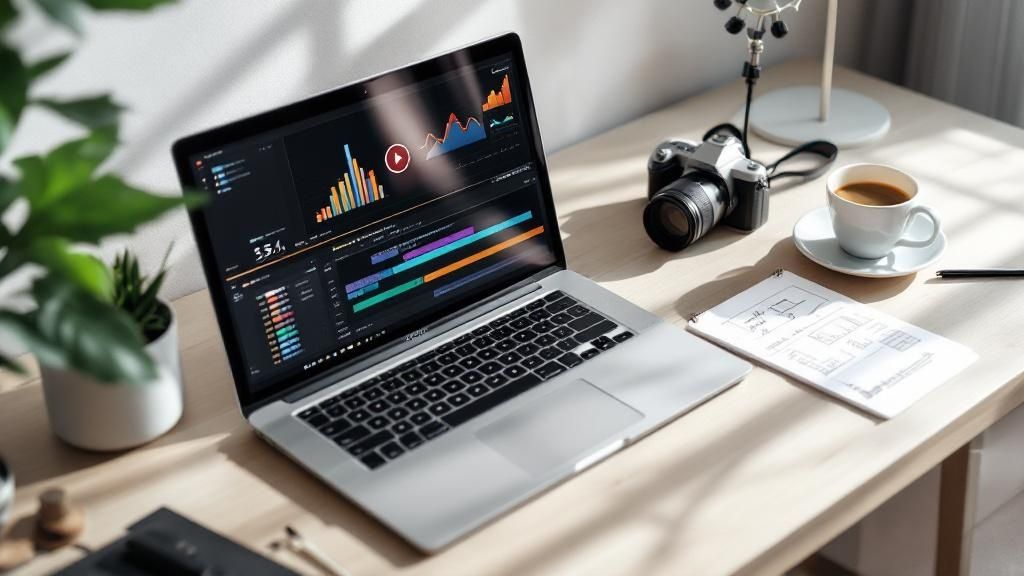 Laptop displaying video marketing analytics on desk, fixing a broken video marketing strategy