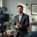 Lawyer recording professional video in office, law firm video marketing strategy to win clients