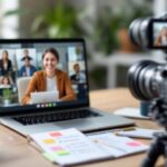 Recording impactful internal communication video with team video call on laptop and professional camera setup