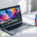 Laptop showing personalized marketing video editing software next to a smartphone, concept of personalized marketing video strategy