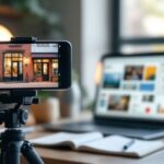 Smartphone on tripod recording a storefront with laptop in the background, illustrating video marketing for small businesses.