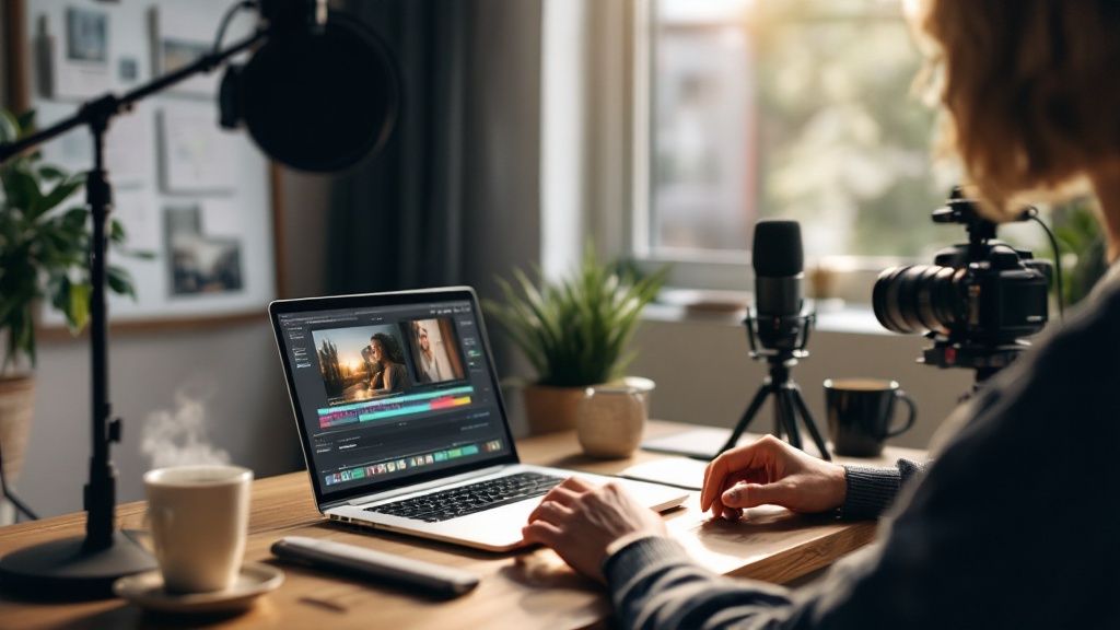 Person editing a marketing video on a laptop at a desk with microphone, camera, and plants in a bright home office.