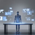 Futuristic humanoid AI avatar standing at a digital table with holographic screens showing world maps, data charts, and video icons, symbolizing AI-powered video automation and business growth.
