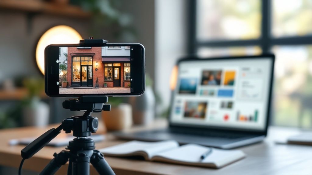 Smartphone on tripod recording a storefront with laptop in the background, illustrating video marketing for small businesses.