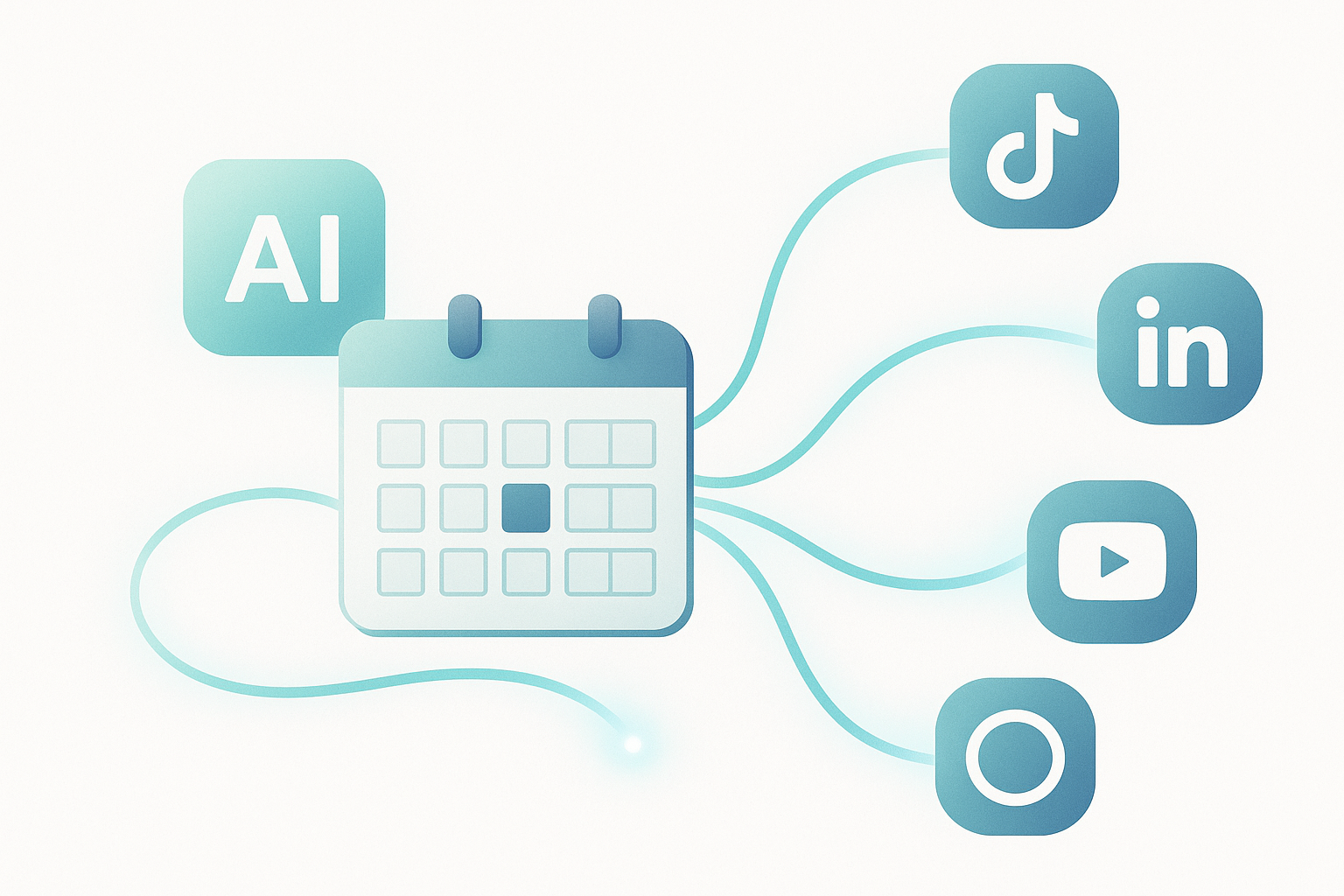 Illustration of an AI social media calendar improving workflow efficiency — digital calendar connected to Instagram, TikTok, and LinkedIn icons, representing automation, organization, and AI-powered content planning.