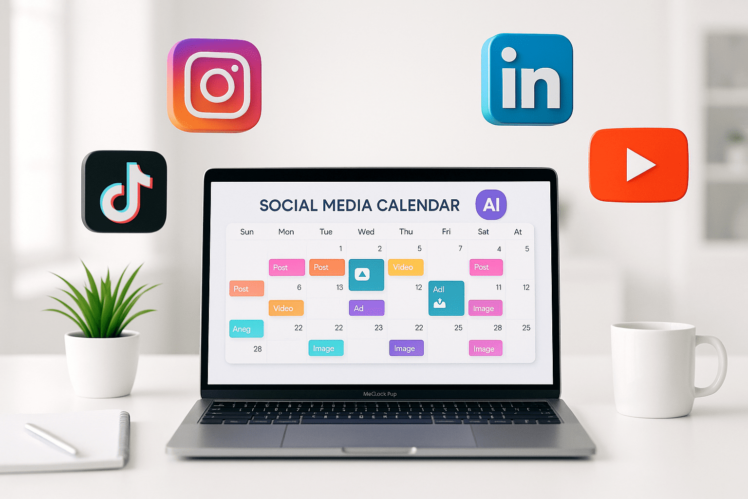 AI social media calendar generator interface showing organized posts and video ideas across platforms like Instagram and TikTok — modern workspace, creative planning with artificial intelligence.