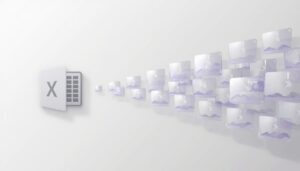 Conceptual 3D render of a single spreadsheet generating multiple video players in an organized cascade, symbolizing bulk video creation from CSV files at scale